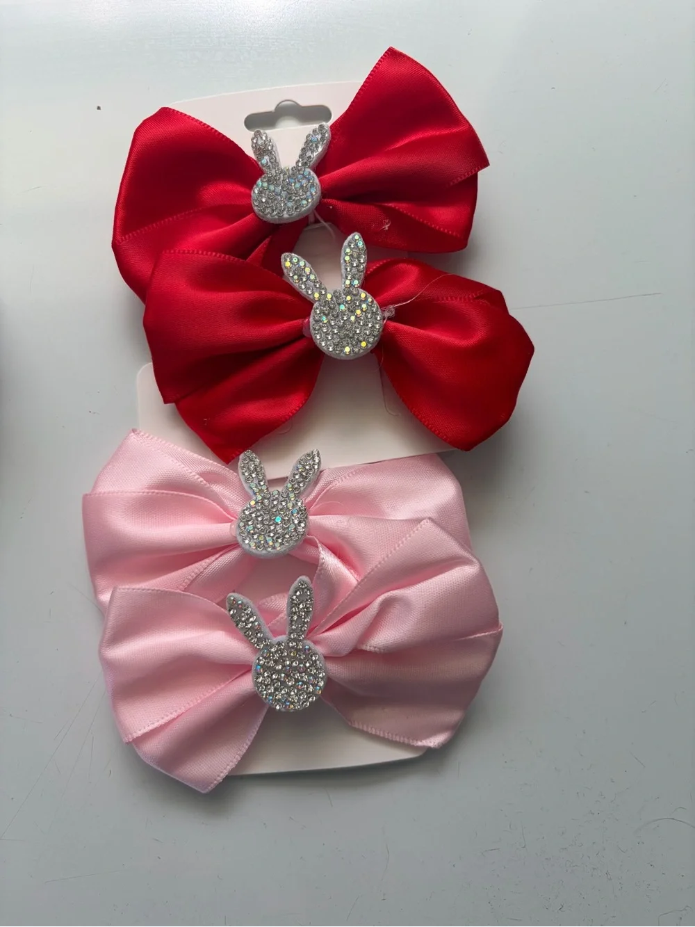 Kids Satin Bow Hair Clips with Rhinestone Bunny - Red & Pink